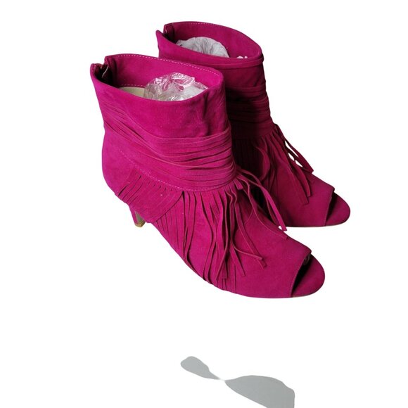 Hot Pink Fringe Peep Toe Booties Size 9 Faux Suede - Picture 7 of 7